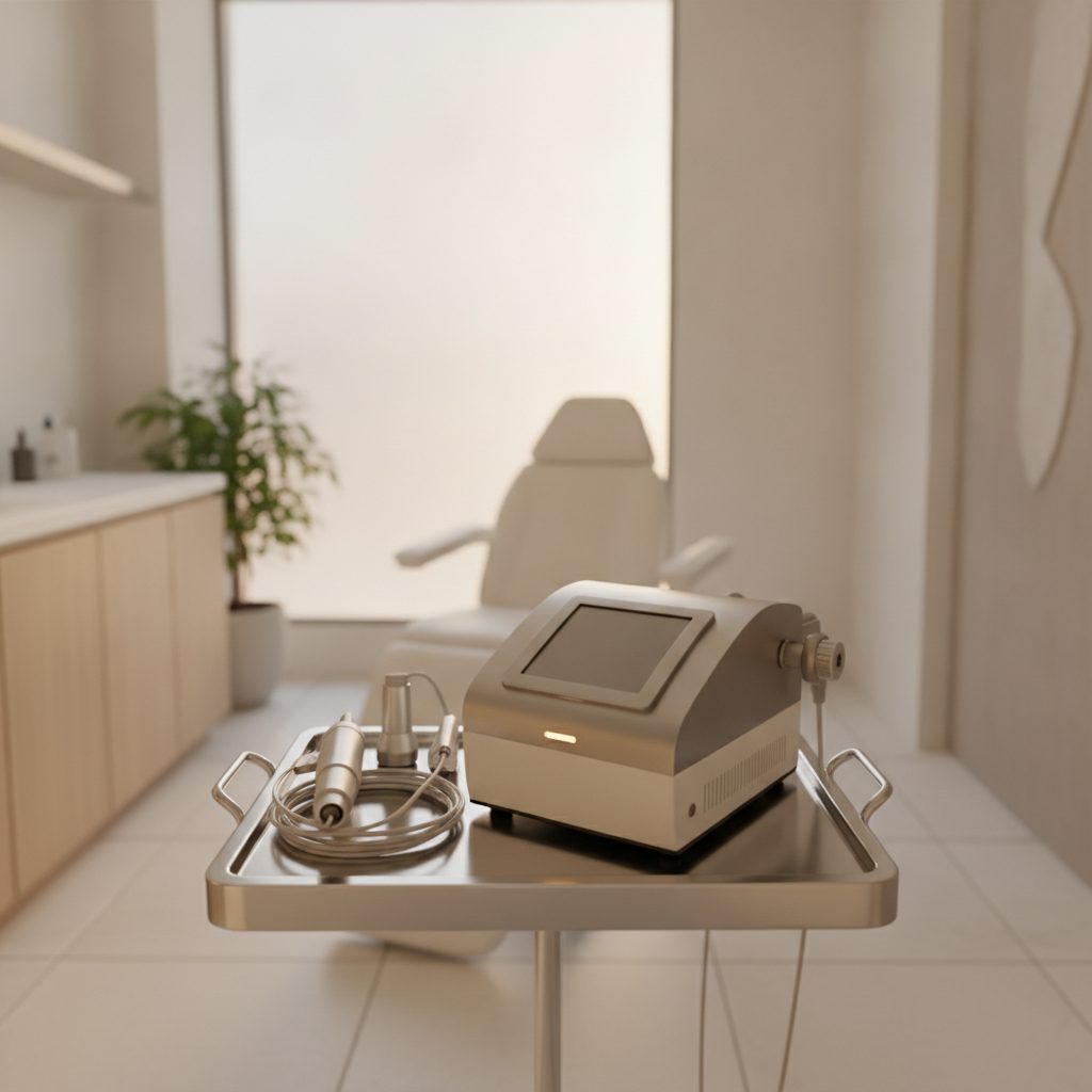 Clean modern laser clinic room with equipment on a tidy tray
